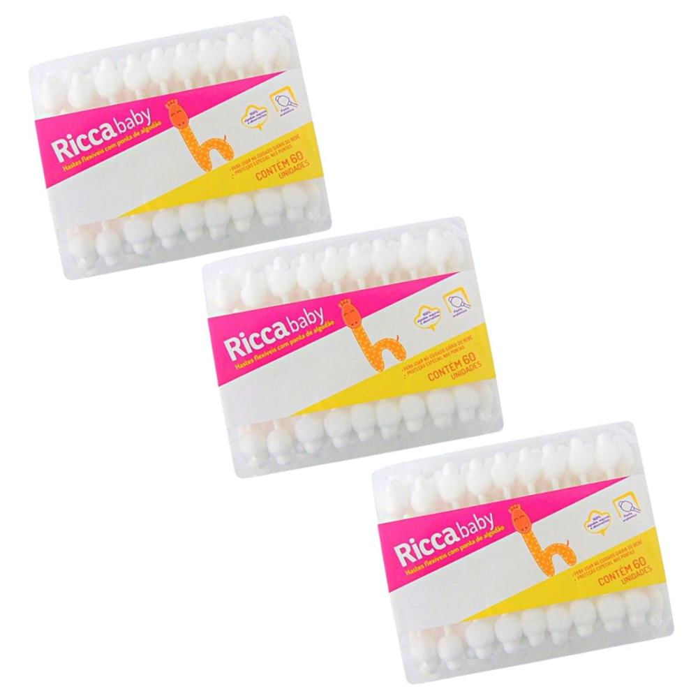 Kit Hastes Flexíveis Ricca Baby Com Ponta de Algodão com 3 Unidades