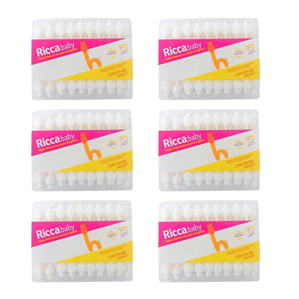 Kit Hastes Flexíveis Ricca Baby Com Ponta de Algodão  com 6 Unidades