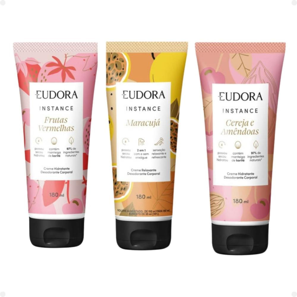 Kit Eudora Instance Creme Desodorante Corporal - Frutas Vermelhas + Marácuja + Cereja e Amêndoas