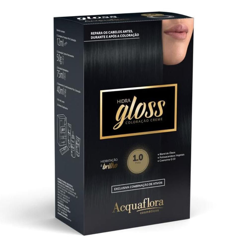 Coloração Creme Acquaflora Kit Hidra Gloss 1.0 Preto