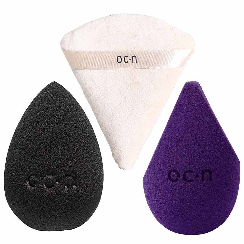 Océane Kit - Esponja Powder Puff + Esponja Sister Blend Roxo + Esponja Flat Drop Preto