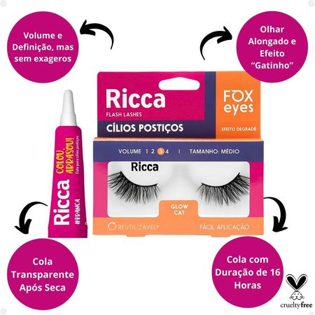 Kit-Cílios-Postiços-+-Cola-Branca-Ricca-Belliz-Fox-Eyes-Glow-Cat-Vol:3-Médio-Cód.2694--6