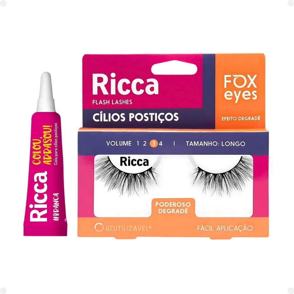 Kit Cílios Postiços + Cola Branca Ricca Belliz Fox Eyes Poderoso Degradê Vol:3 Longo