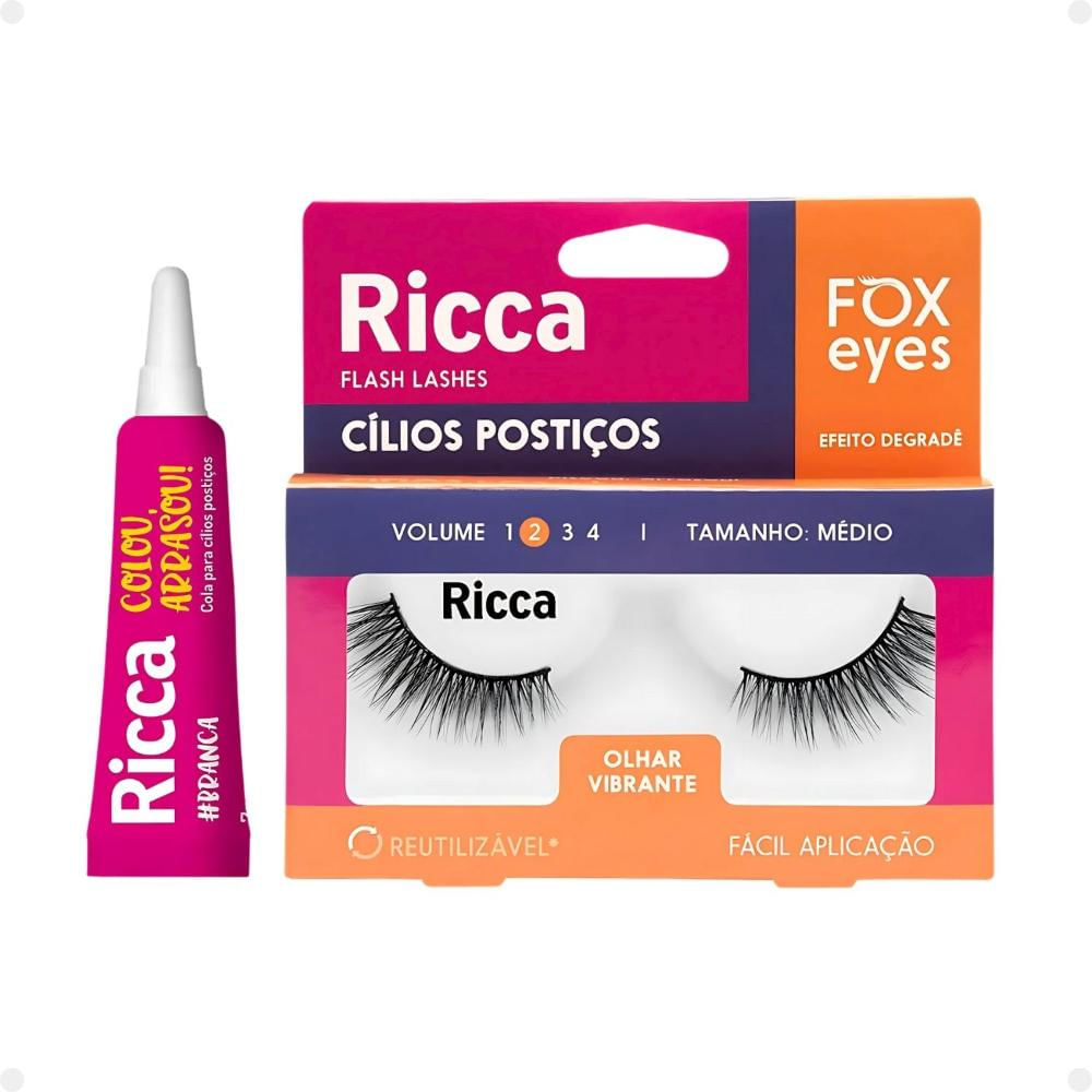 Kit Cílios Postiços + Cola Branca Ricca Belliz Fox Eyes Olhar Vibrante Vol:2 Medio