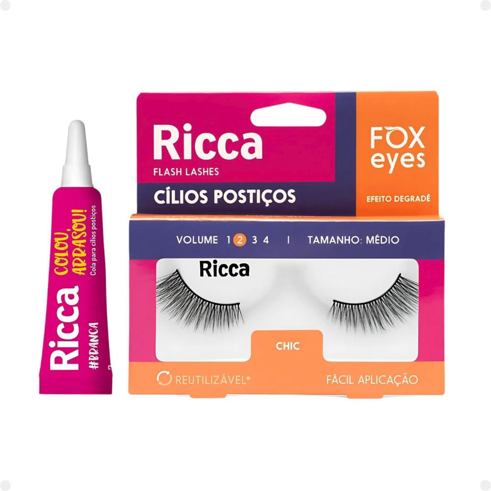 Kit Cílios Postiços + Cola Branca Ricca Belliz Fox Eyes Chic Vol:2 Medio