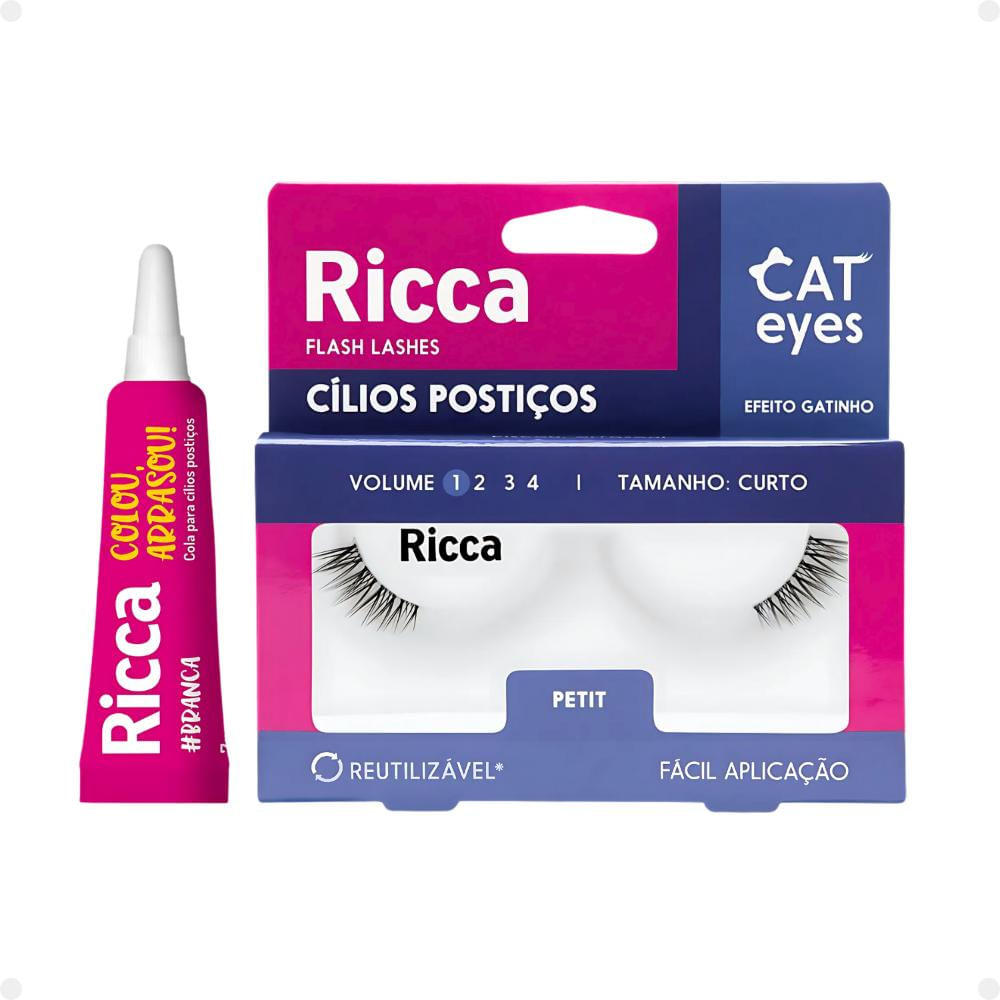 Kit Cílios Postiços + Cola Branca Ricca Belliz Cat Eyes Petit Vol:1 Curto