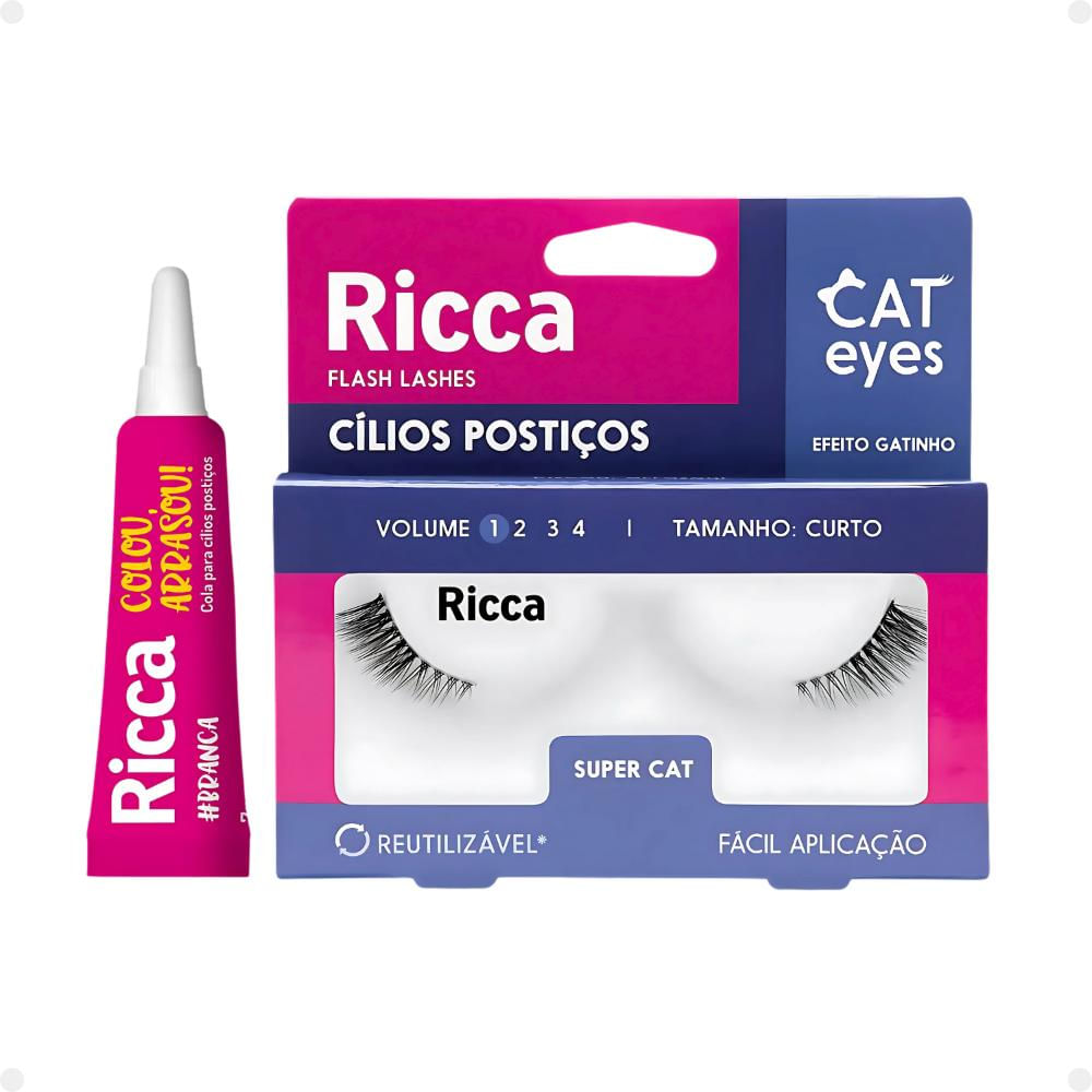 Kit Cílios Postiços + Cola Branca Ricca Belliz Cat Eyes Super Cat Vol:1 Curto