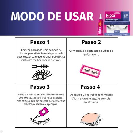 Kit-Cílios-Postiços-+-Cola-Branca-Ricca-Belliz-Cat-Eyes-Super-Cat-Vol:1-Curto--5