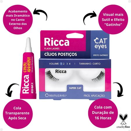 Kit-Cílios-Postiços-+-Cola-Branca-Ricca-Belliz-Cat-Eyes-Super-Cat-Vol:1-Curto--2