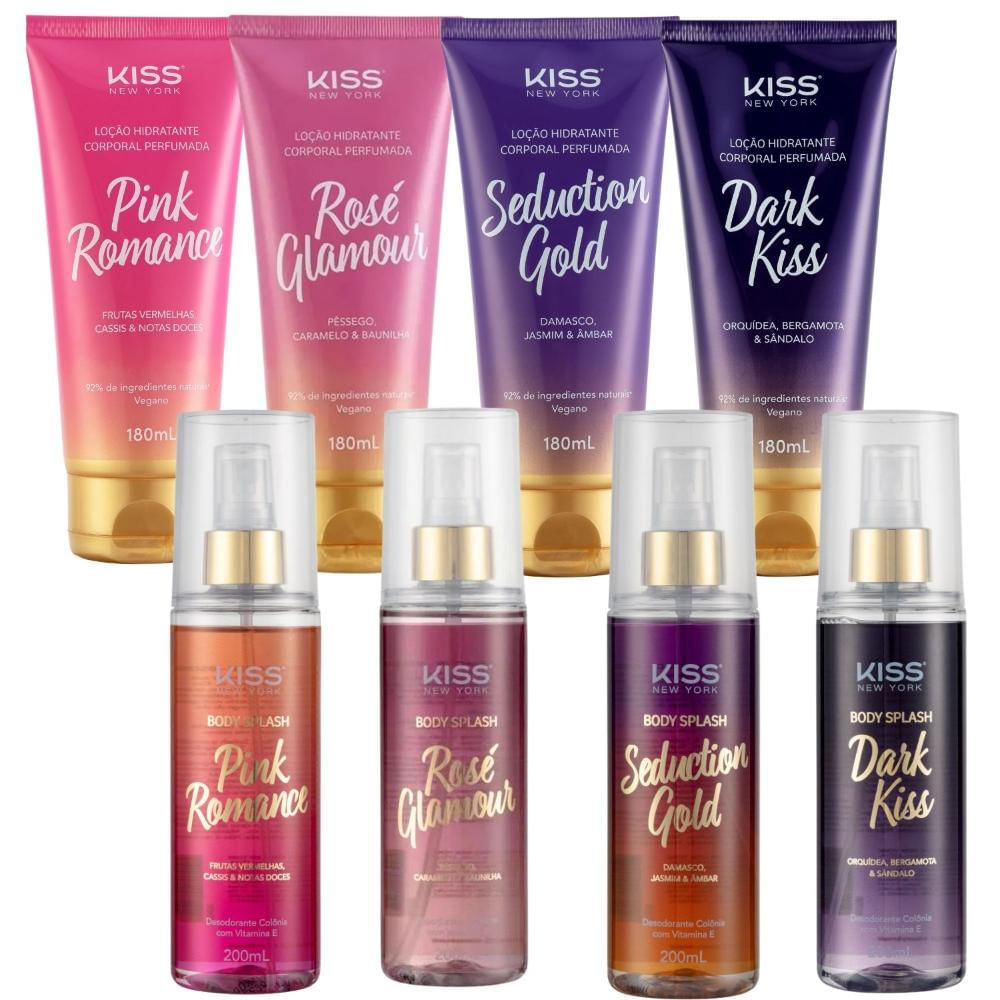 Kit Kiss New York Loção Corporal e Body Splash: Rosé Glamour, Seduction Gold, Dark Kiss e Pink Romance