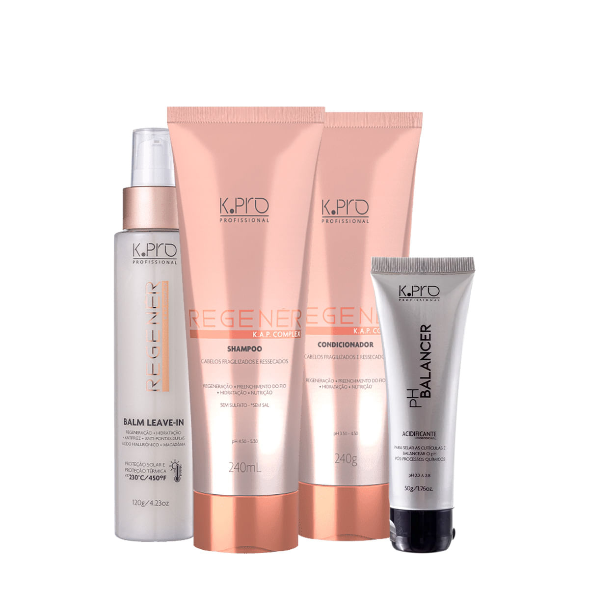 Kit K.Pro Professional Regenér Shampoo Condicionador Leave-in e Acidificante (4 produtos)