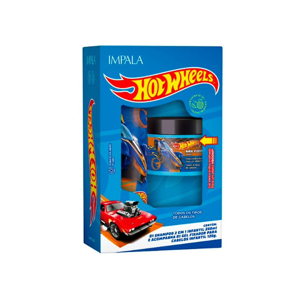 Kit Impala Infantil Hot Wheels Club dos Velozes Shampoo 250ml 2 em 1 + Gel Fixador 120g Azul