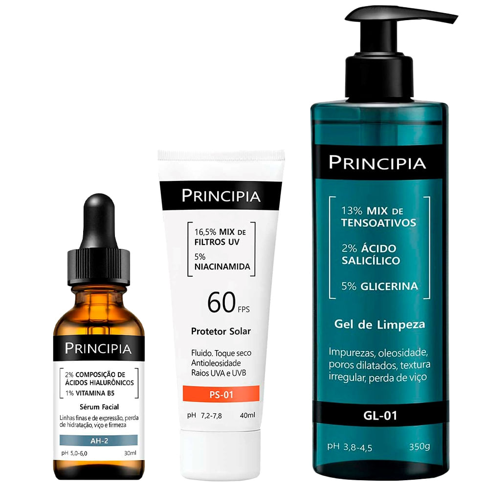 Principia Kit - Gel de Limpeza Facial + Sérum + Protetor Solar Facial