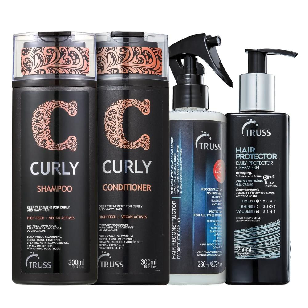 Kit Truss Curly - Shampoo 300ml + Condicionador 300ml +  Uso Obrigatório 260ml + Hair Protector 250ml