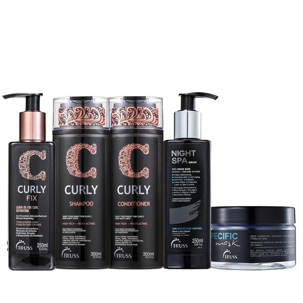 Kit Truss Curly - Shampoo 300ml + Condicionador 300ml + Leave-In Fix 250ml + Night Spa 250ml + Máscara Specific 180g