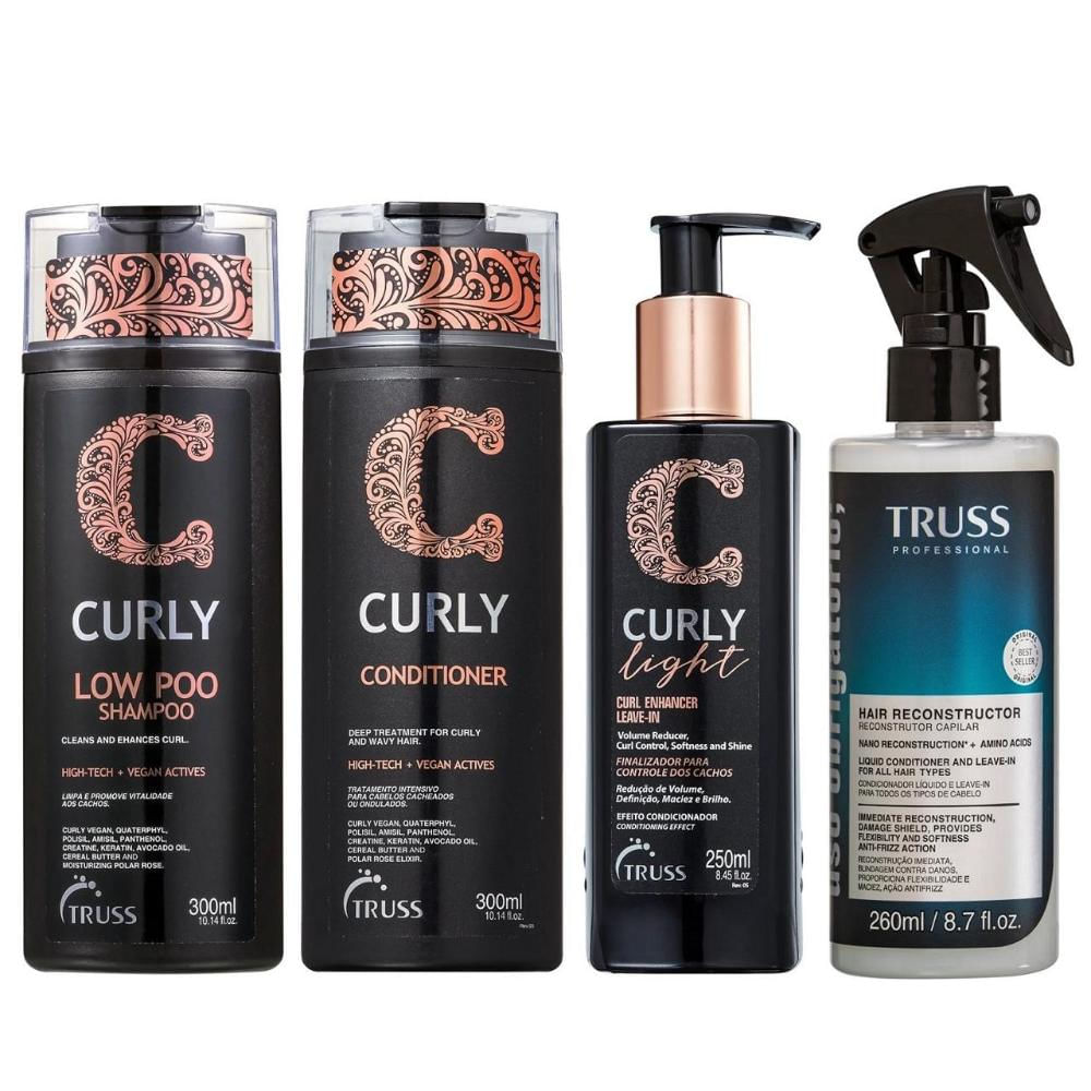 Kit Truss Curly - Shampoo Low-Poo 300ml + Condicionador 300ml + Leave-In Light 250ml + Uso Obrigatório 260ml