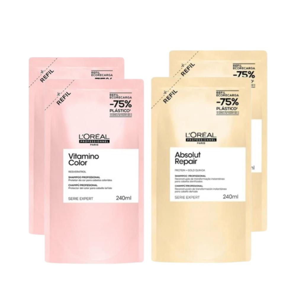 Kit 2 Refis Shampool Vitamino Color 240ml + 2 Refis Shampoo Absolut Repair Gold 240ml
