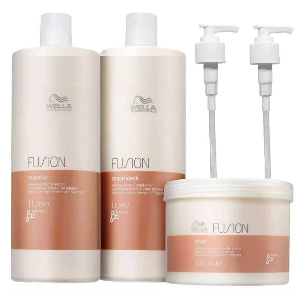 Kit Wella Professional Fusion - Shampoo 1L + Condicionador 1L + Máscara 500ml + Válvulas Pump