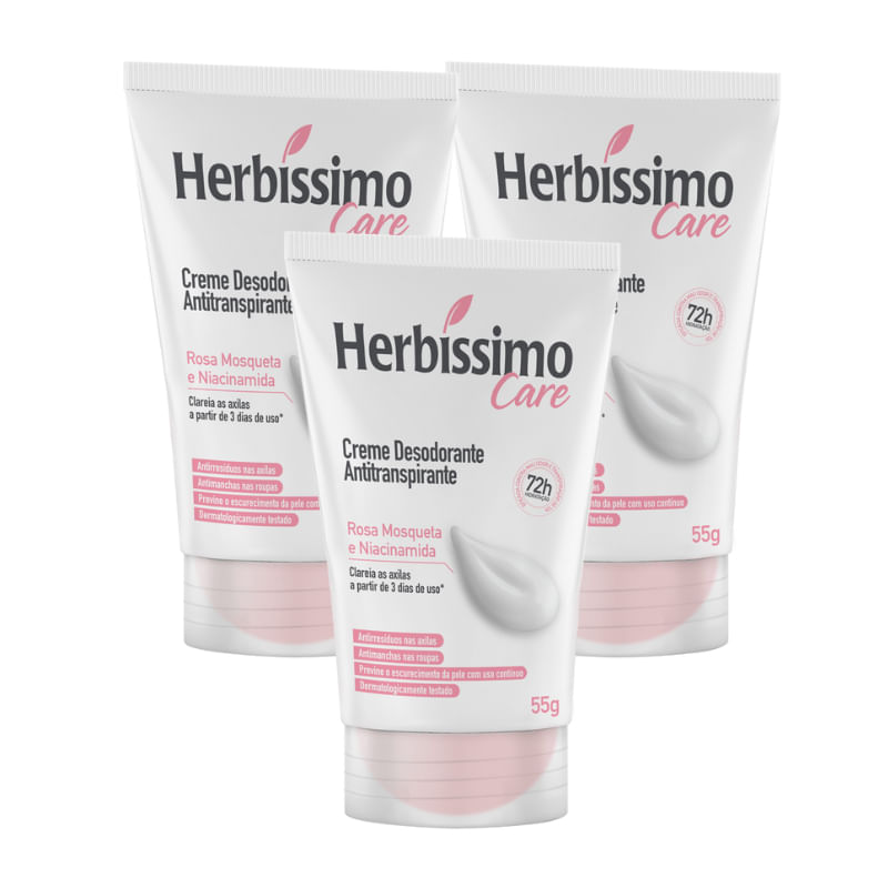 Kit Creme Desodorante Antitranspirante Herbíssimo Care Rosa Mosqueta e Niacinamida Bisnaga 55g - 3 unidades