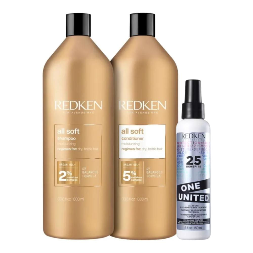 Kit Redken All Soft Shampoo 1L+Condicionador 1L+One United All-In-One 150ml