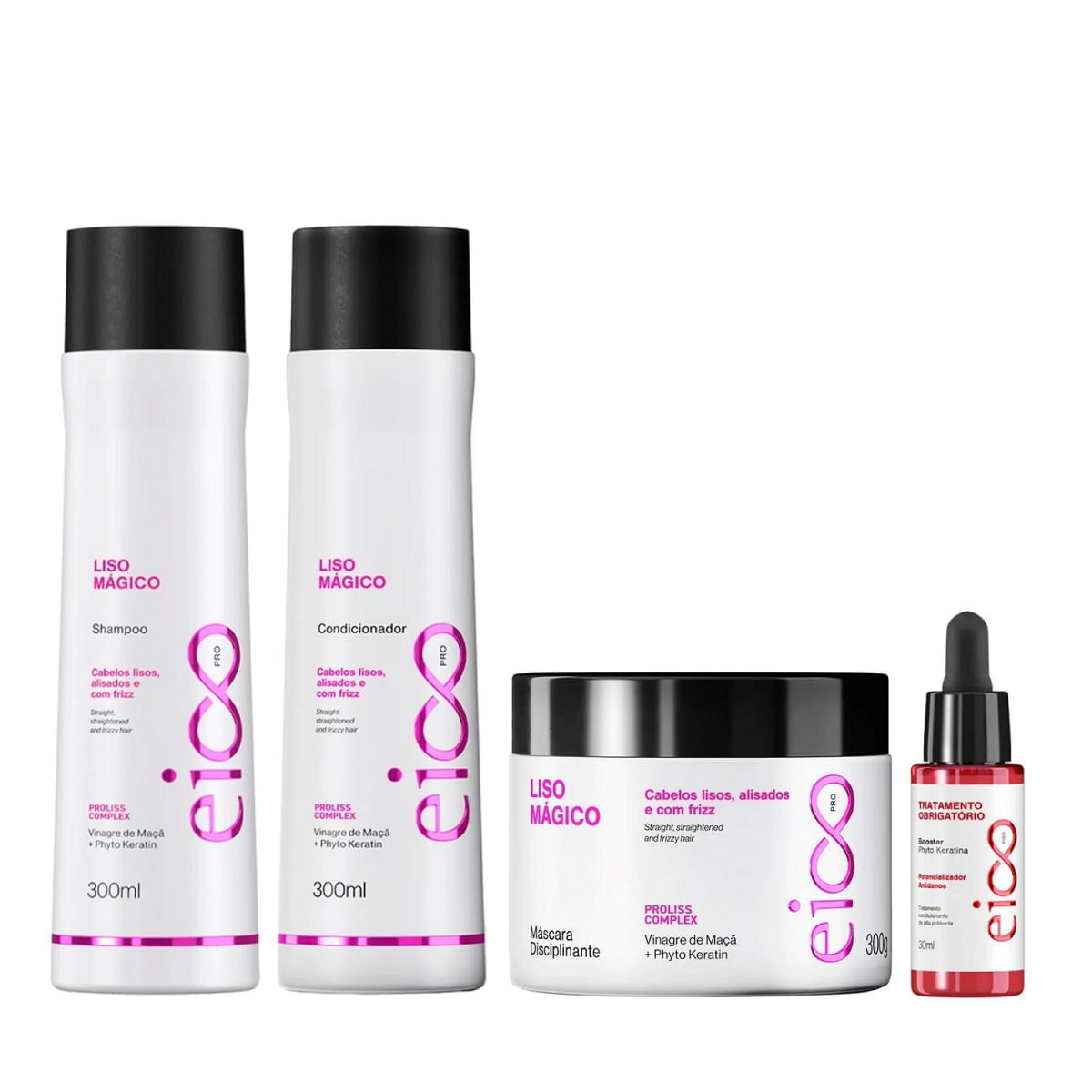 Kit Eico Pro Liso Mágico - Shampoo 300ml + Condicionador 300ml + Máscara 300g + Booster (Tratamento Obrigatório) 30ml