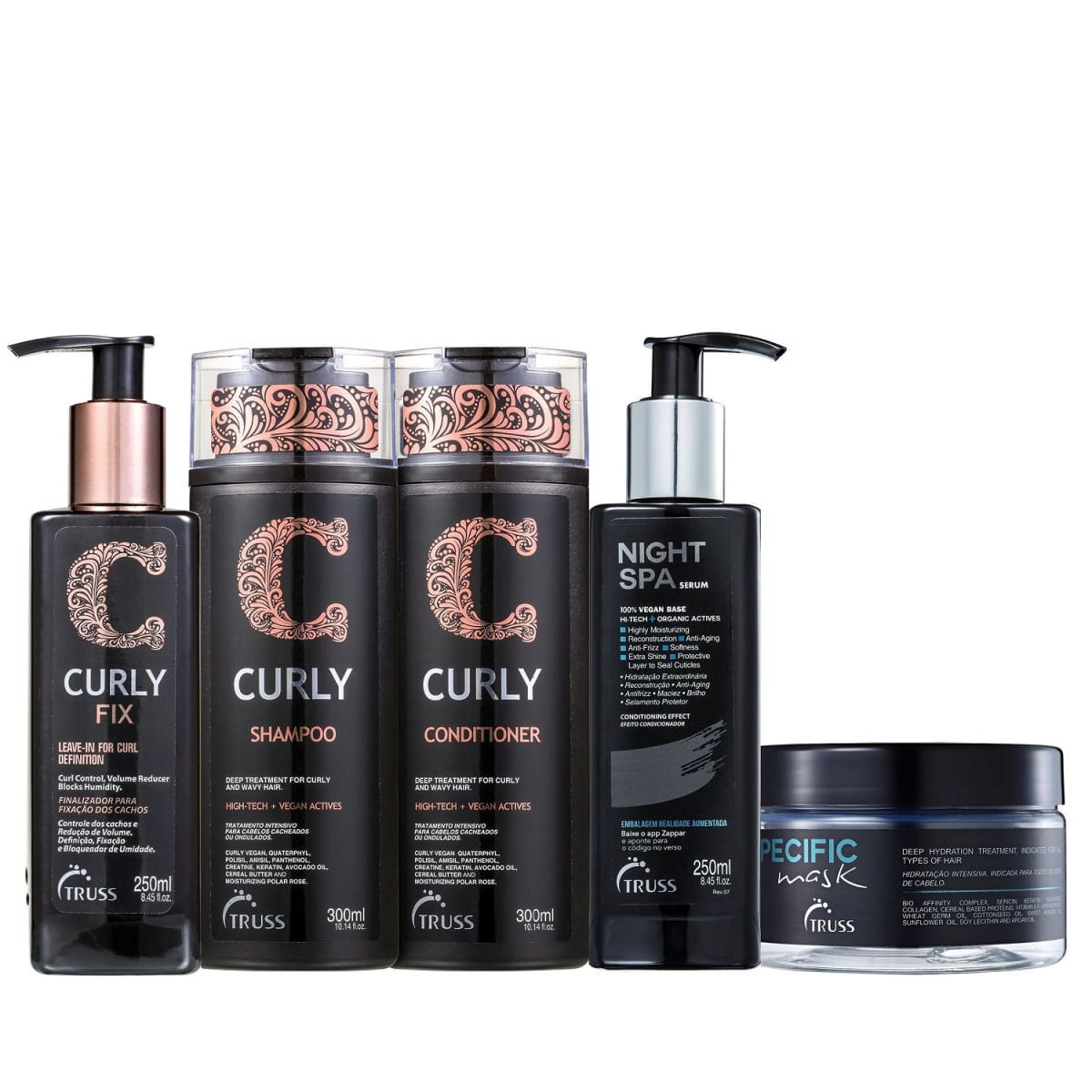 Kit Truss Curly - Shampoo 300ml + Condicionador 300ml + Leave-In Fix 250ml + Night Spa 250ml + Máscara Specific 180g