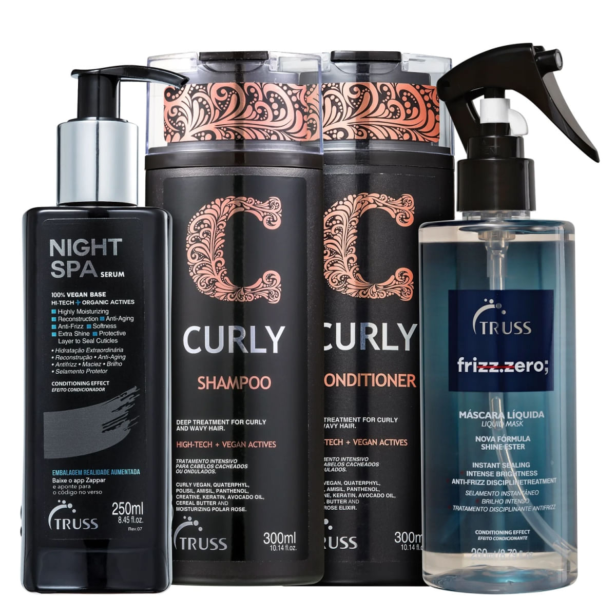 Kit Truss Curly - Shampoo 300ml + Condicionador 300ml + Frizz Zero 260ml + Night Spa 250ml