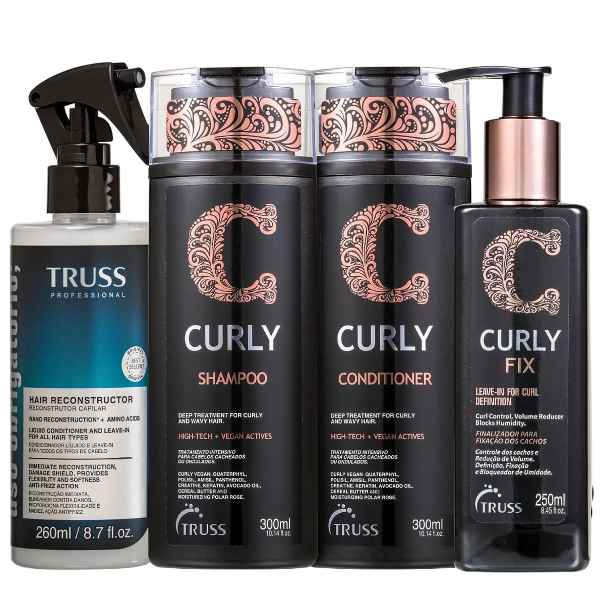 Kit Truss Curly - Shampoo 300ml + Condicionador 300ml + Leave-in Fix 250ml + Uso Obrigatório 260ml