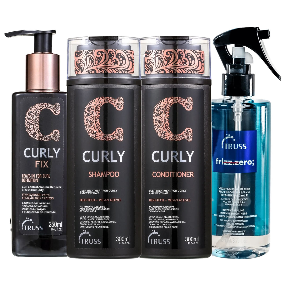 Kit Truss Curly - Shampoo 300ml + Condicionador 300ml + Leave-in Fix 250ml + Frizz Zero 260ml