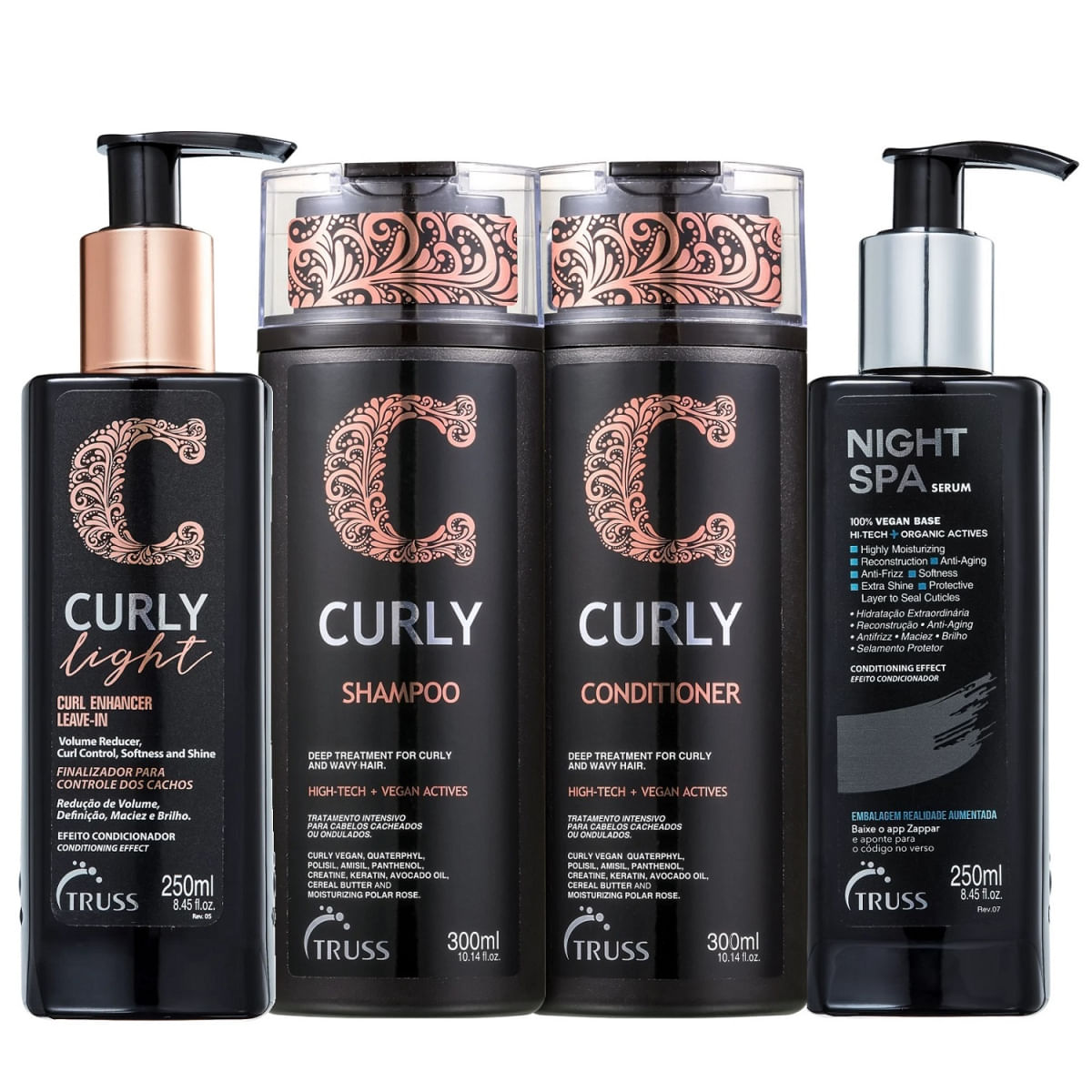 Kit Truss Curly - Shampoo 300ml + Condicionador 300ml + Leave-In Light 250ml + Night Spa 250ml