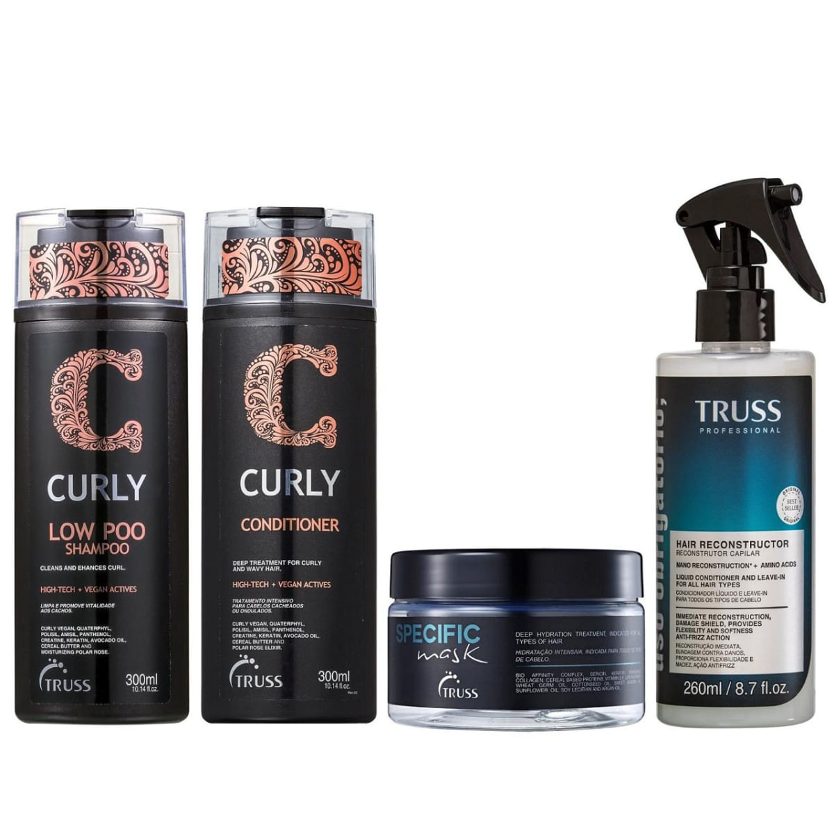 Kit Truss Curly - Shampoo Low-Poo 300ml + Condicionador 300ml + Máscara Specific 180g + Uso Obrigatório 260ml