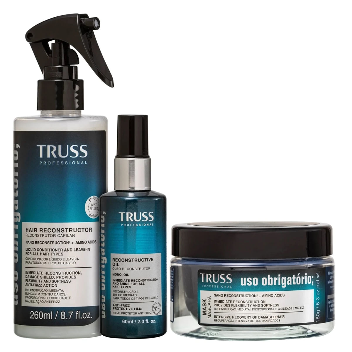 Kit TRUSS Uso Obrigatório Máscara 180g + Reconstrutor 260ml + Óleo 60ml
