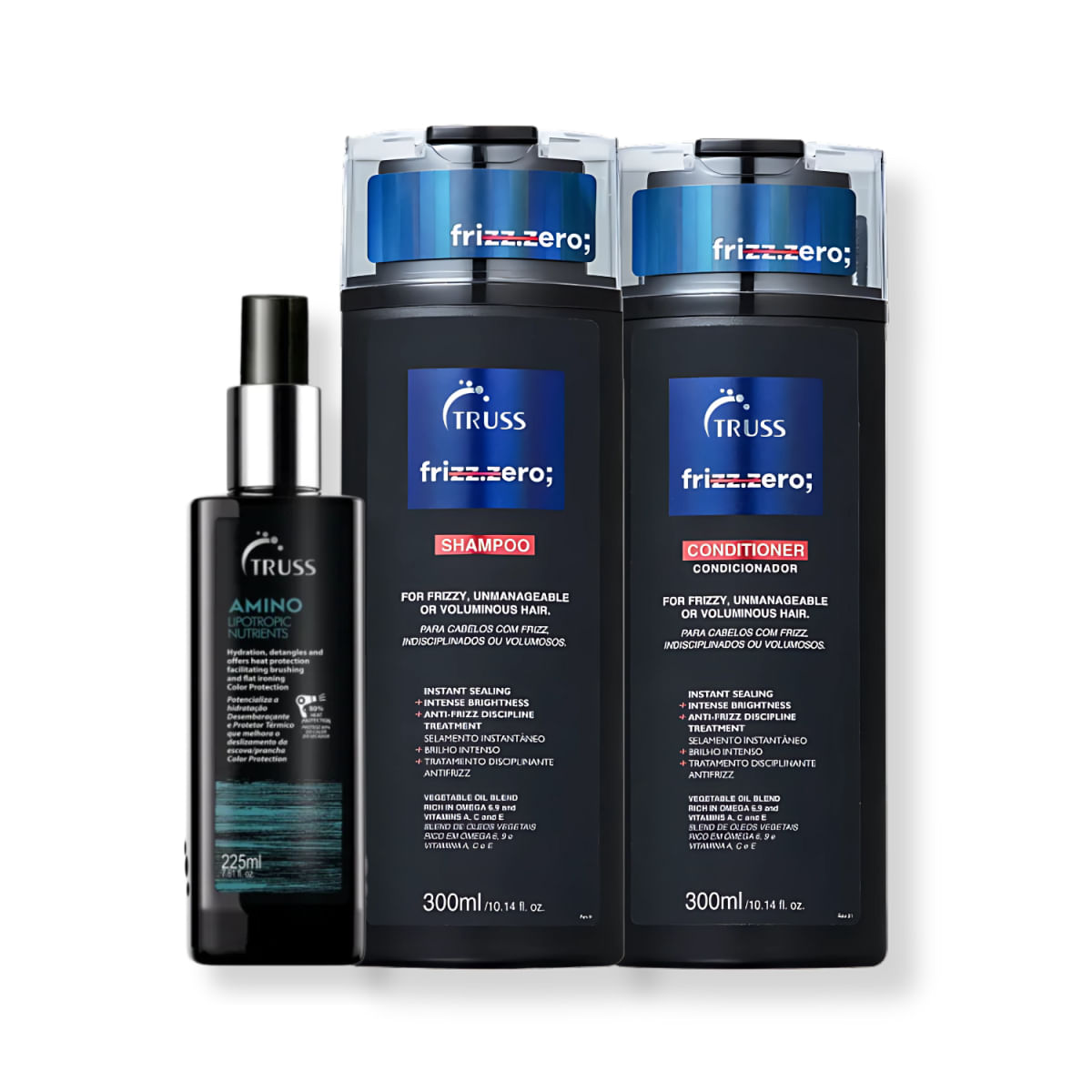 Kit com 3 Produtos: Truss Frizz Zero Shampoo + Condicionador + Protetor Térmico Amino para Cabelos com Frizz