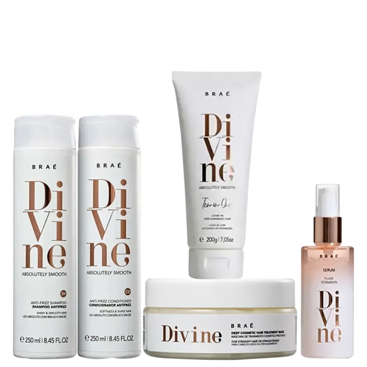 Kit Braé Divine - Shampoo 250ml + Condicionador 250ml + Máscara 200g + Leave-in 200g + Sérum 60ml