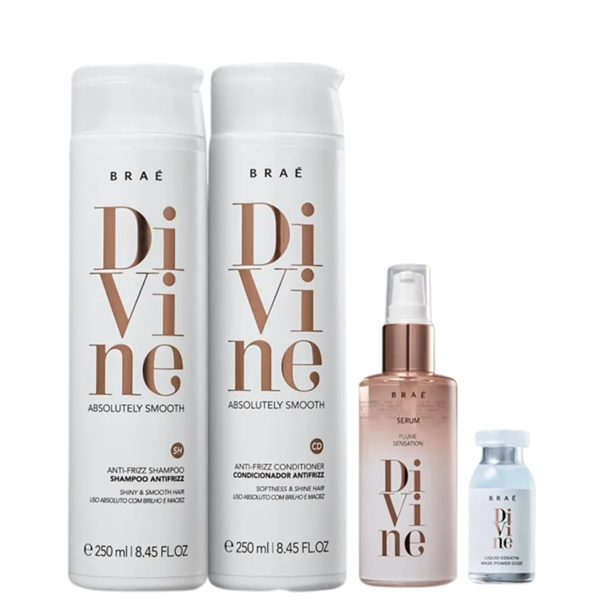 Kit Braé Divine - Shampoo 250ml + Condicionador 250ml + Sérum 60ml + Ampola 13ml