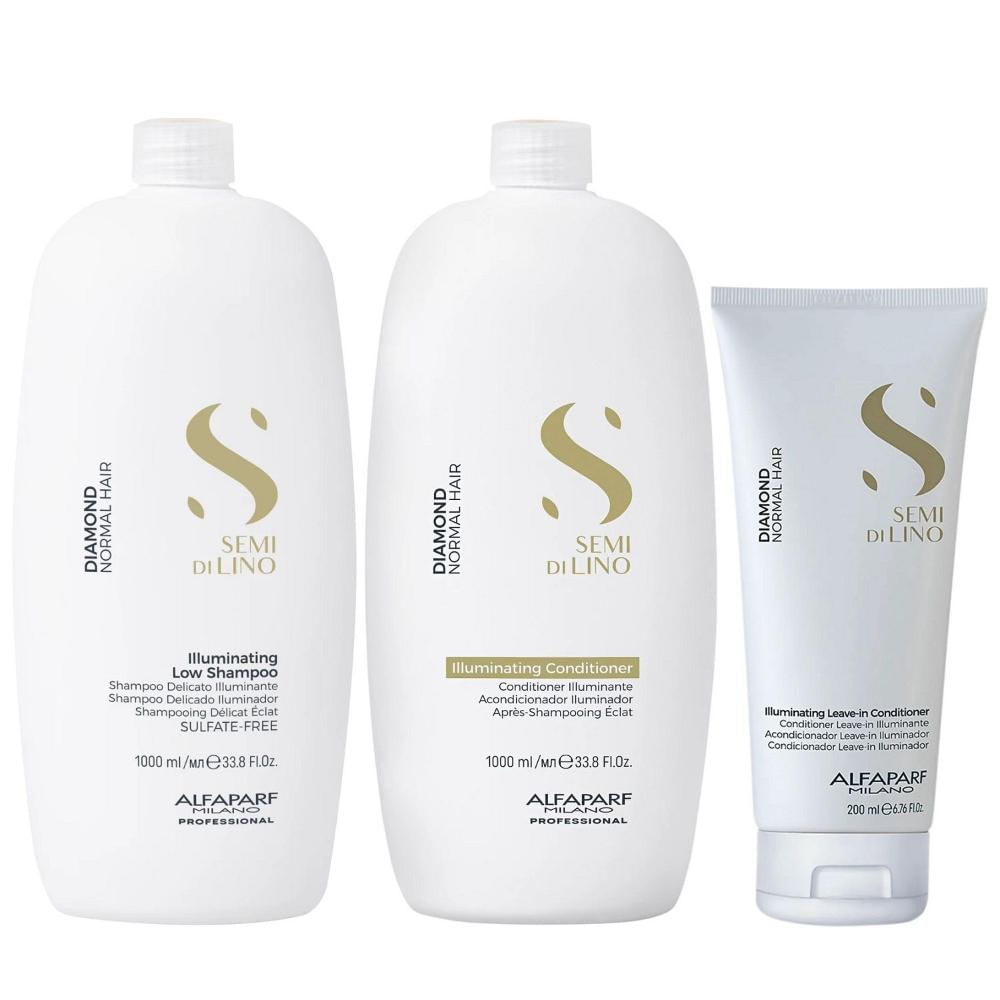 Kit Alfaparf Semi Di Lino Diamond - Shampoo 1L + Condicionador 1L + Leave in 200ml