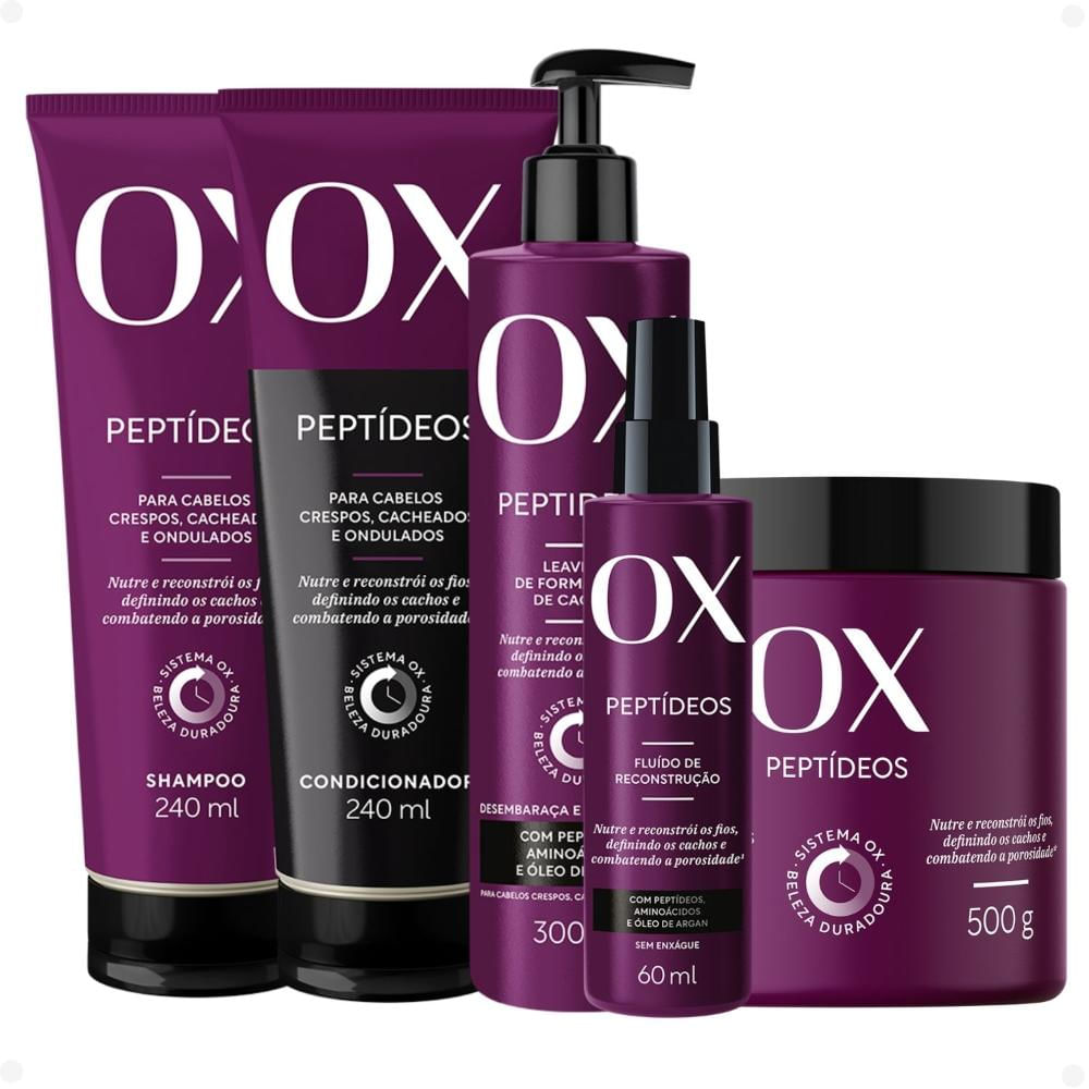 Kit OX Peptídeos Cabelos Crespos, Cacheados e Ondulados: Shampoo 240ml, Condicionador 240ml, Máscara de Tratamento 500g, Leave-in 300g e Fluído de Rec