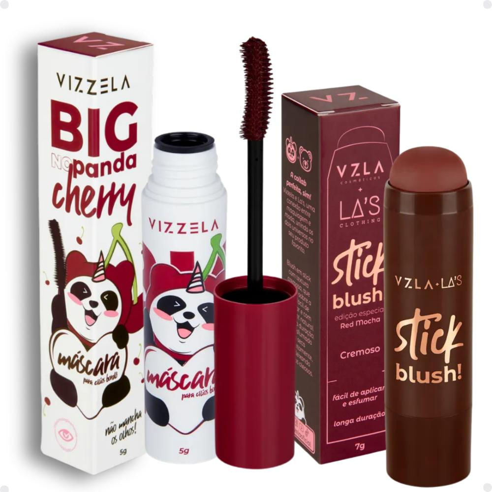 Kit Vizzela: Blush Stick Red e Máscara de Cílios No Panda Big Bordô