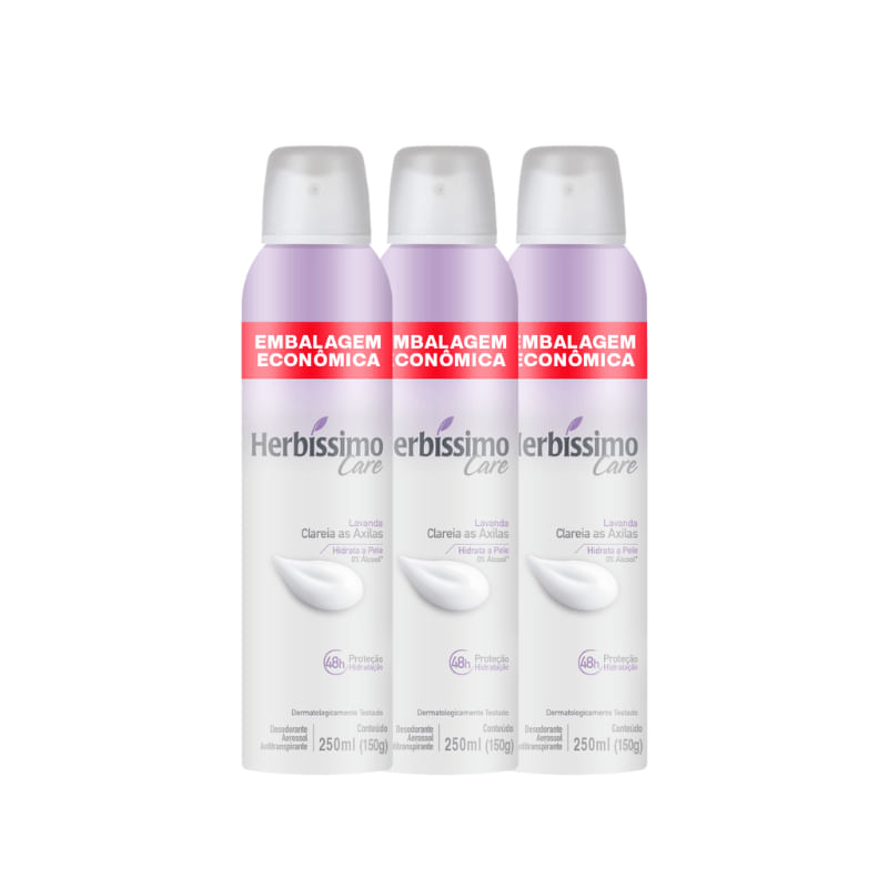 Kit Desodorante Aerossol Antitranspirante Herbíssimo Care Lavanda 250ML - 3 unidades