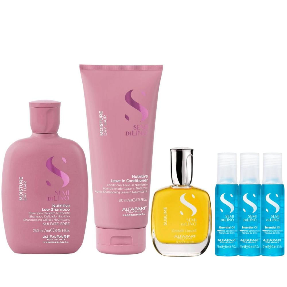 Kit Alfaparf Semi Di Lino Moisture - Shampoo 250ml + Leave in Condicionador 200ml + Cristalli 50ml + 3x Ampola 13ml
