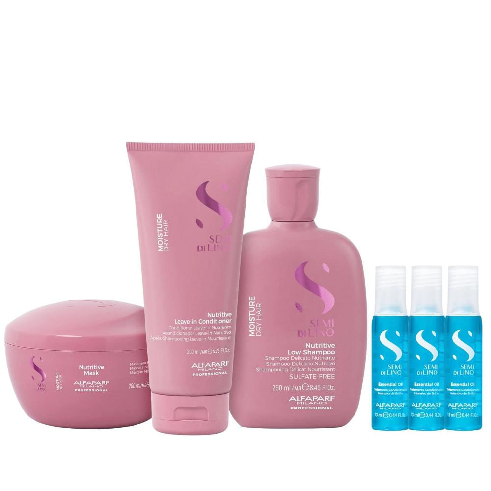 Kit Alfaparf Semi Di Lino Moisture - Shampoo 250ml + Leave in Condicionador 200ml + Máscara 200ml + 3x Ampola 13ml