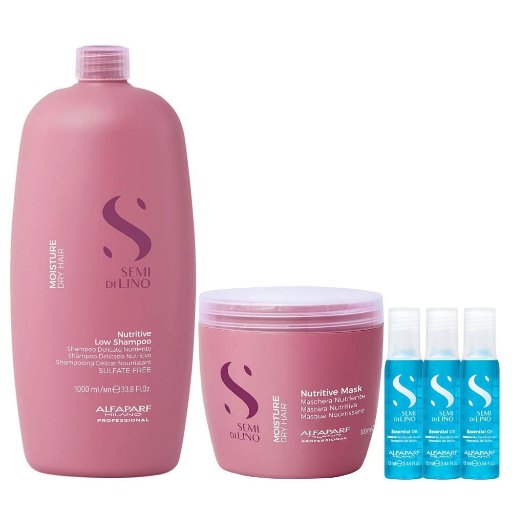 Kit Alfaparf Semi Di Lino Moisture -Shampoo 1L +Máscara 500ml +3x Ampola 13ml