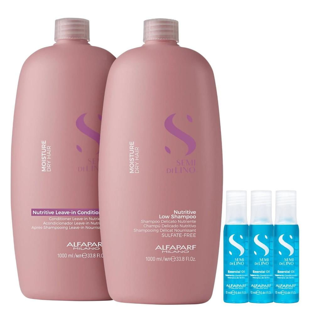 Kit Alfaparf Semi Di Lino Moisture -Shampoo 1L + Leave in Condicionador 1L + 3x Ampola 13ml