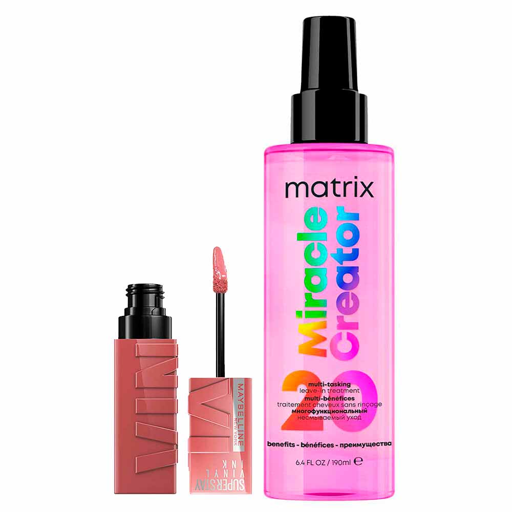 Matrix e Maybelline NY Kit - Leave-In Multifuncional Miracle Creator + Batom Líquido Super Stay Vinyl Ink Cheeky