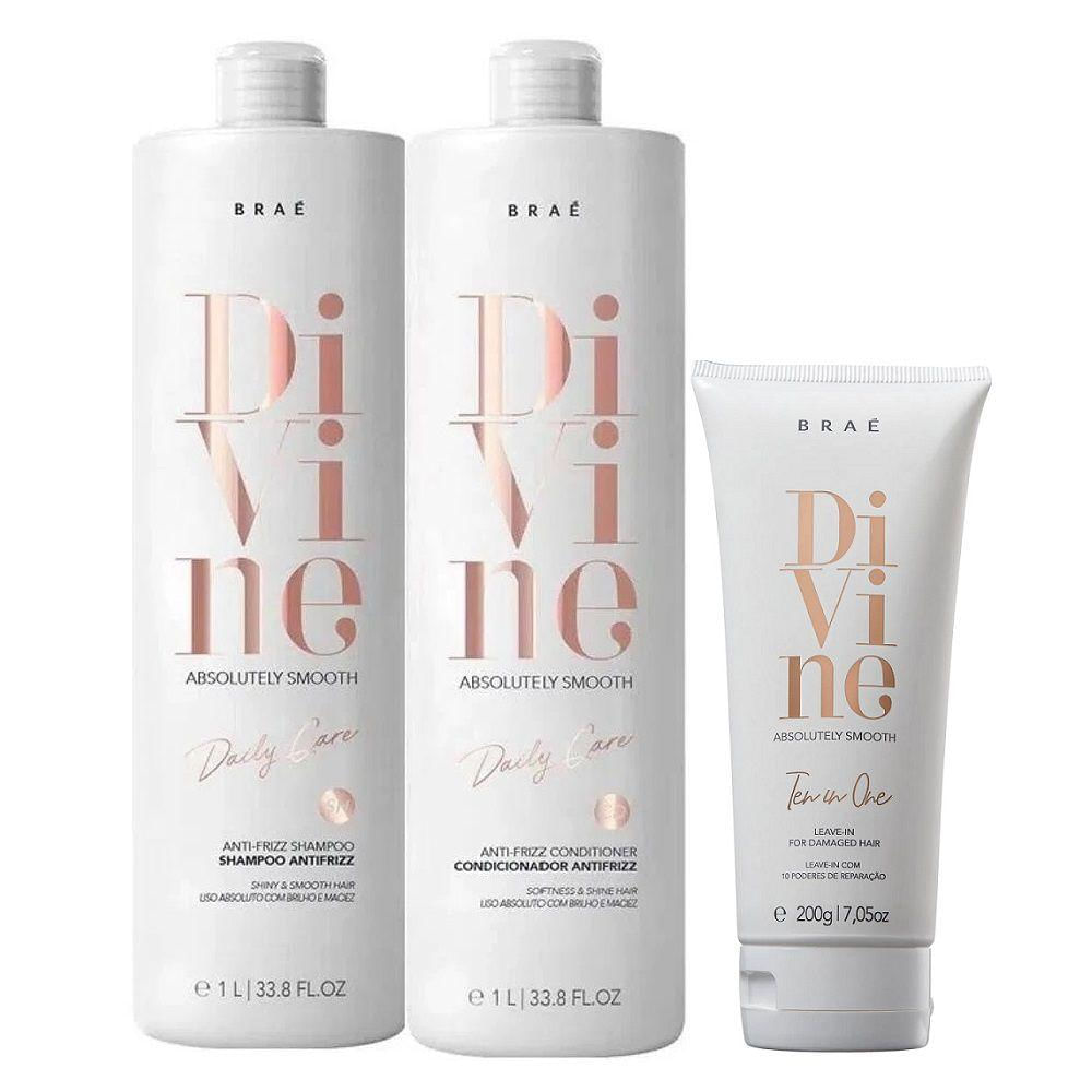 Kit Braé Divine - Shampoo 1L + Condicionador 1L + Leave in Ten in One 200g