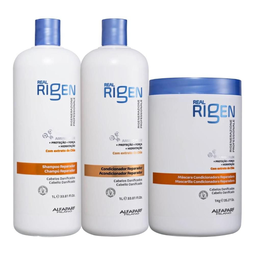 Alfaparf Milano Real Rigen Reparador - Shampoo 1L + Condicionador 1L + Máscara 1Kg