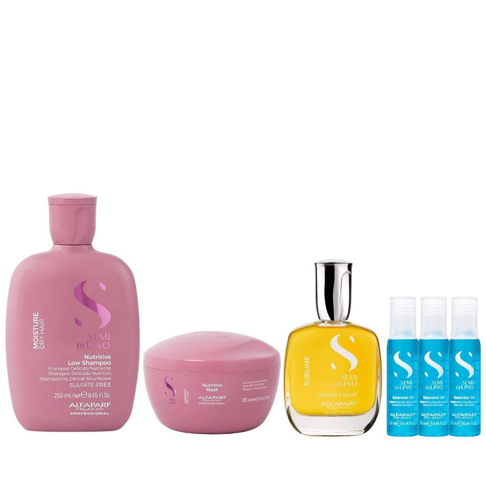 Kit Alfaparf Semi Di Lino Moisture -  Shampoo 250ml + Máscara 200ml + Cristalli 50ml + 3x Ampola 13ml