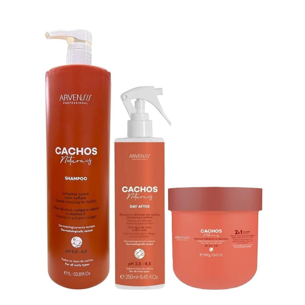 Kit Arvensis Cachos Naturais - Shampoo 1L + Day After 250ml + Máscara Capilar 2x1 500g