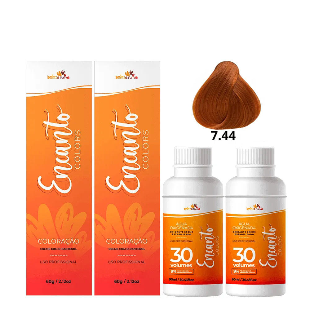 Kit Beleza Ruiva Coloração Encanto Colors 7.44 e Oxigenada 30vol 9% - Duas Unidades