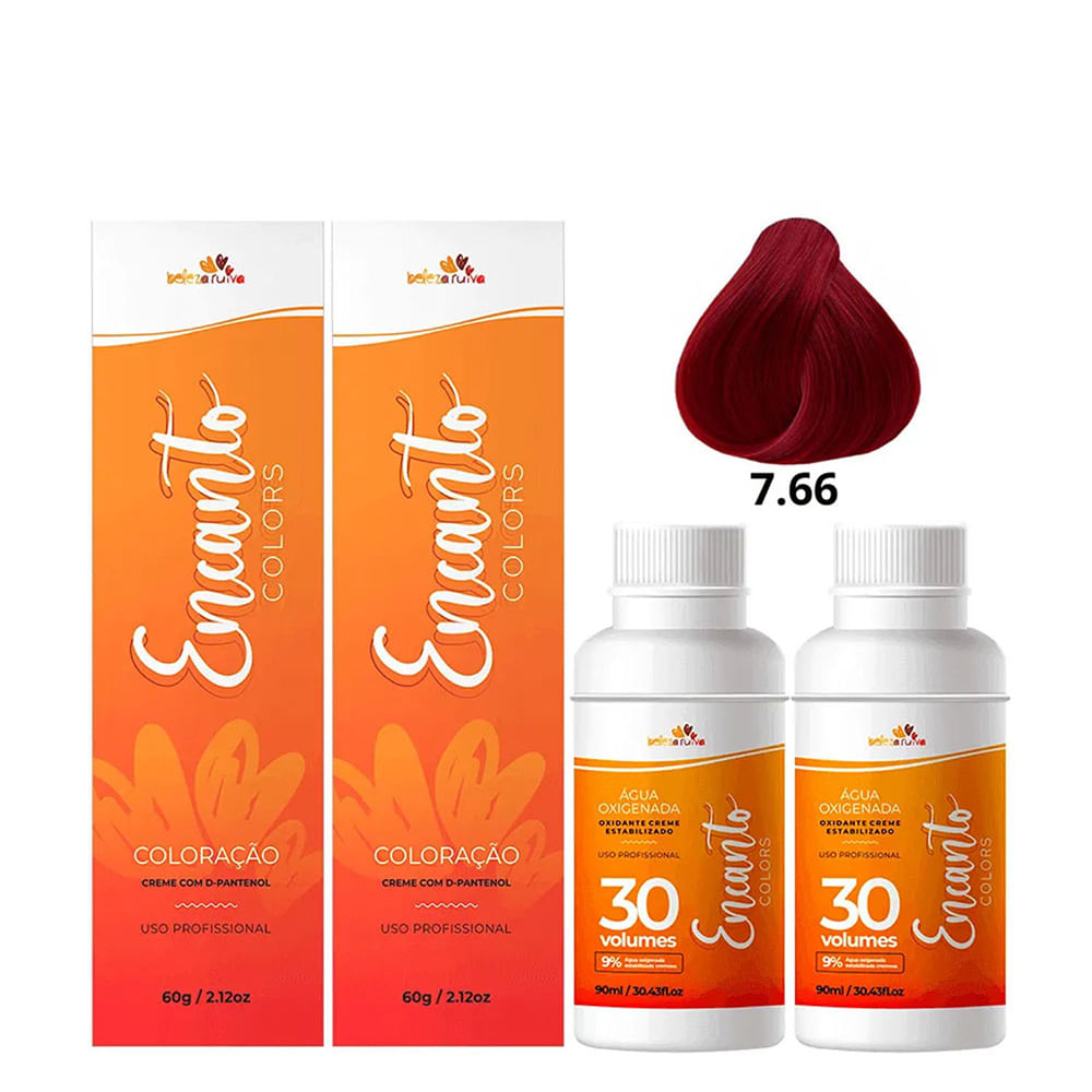 Kit Beleza Ruiva Coloração Encanto Colors 7.66 e Oxigenada 30vol 9% - Duas Unidades